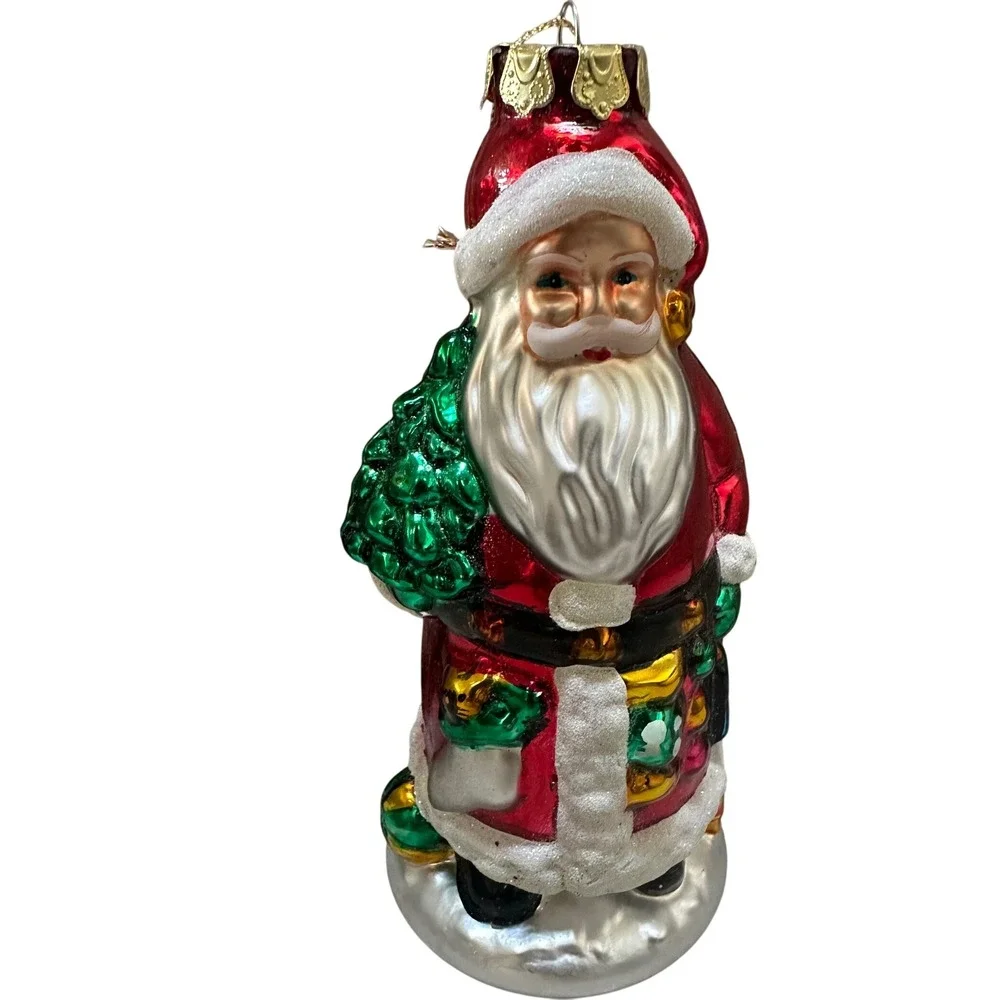 Vintage Glass Santa Claus Christmas Ornament with Tree and Gifts 7.5 Inch